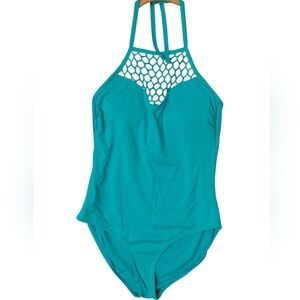 High-Neck Teal One-Piece Swimsuit with Mesh Yoke